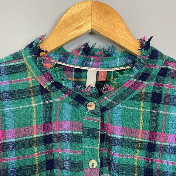 Anthropologie‎ Pilcro Cropped Puff-Sleeve Blouse Green Plaid Large Relaxed Fit - Picture 6 of 16